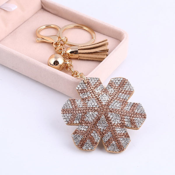 2018 New Fashion Women Casual Pu Leather Tassel Snow Flower Keychain Bag Pendant Gold Car Key Chain Ring Holder Trendy Jewelry